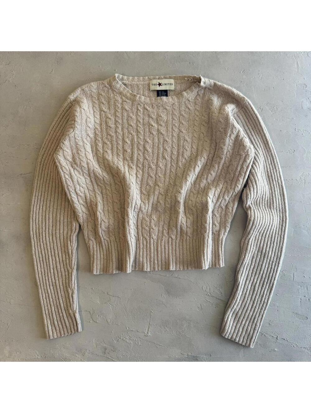 Vintage 90s Y2K Cream Cable Knit Boxy Cropped Boho Indie Knit Sweater